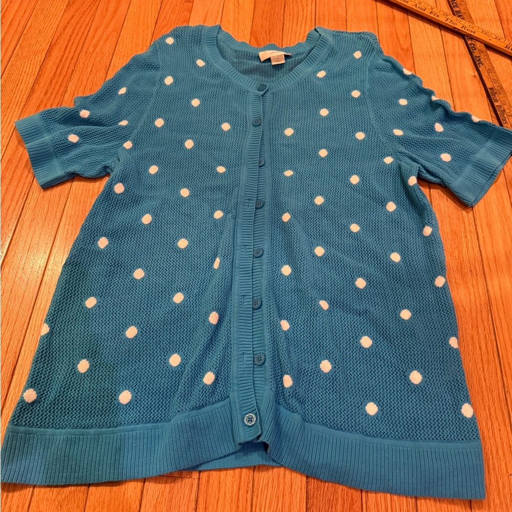 CJ Banks Blue Textured Open Knit Short Sleeve Cardigan